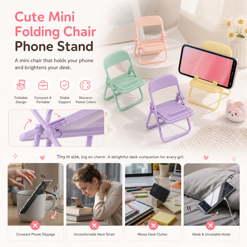 Cute Chair Shaped Cell Phone Stand Creative Desktop Holder and Decorative Ornament for Dormitory