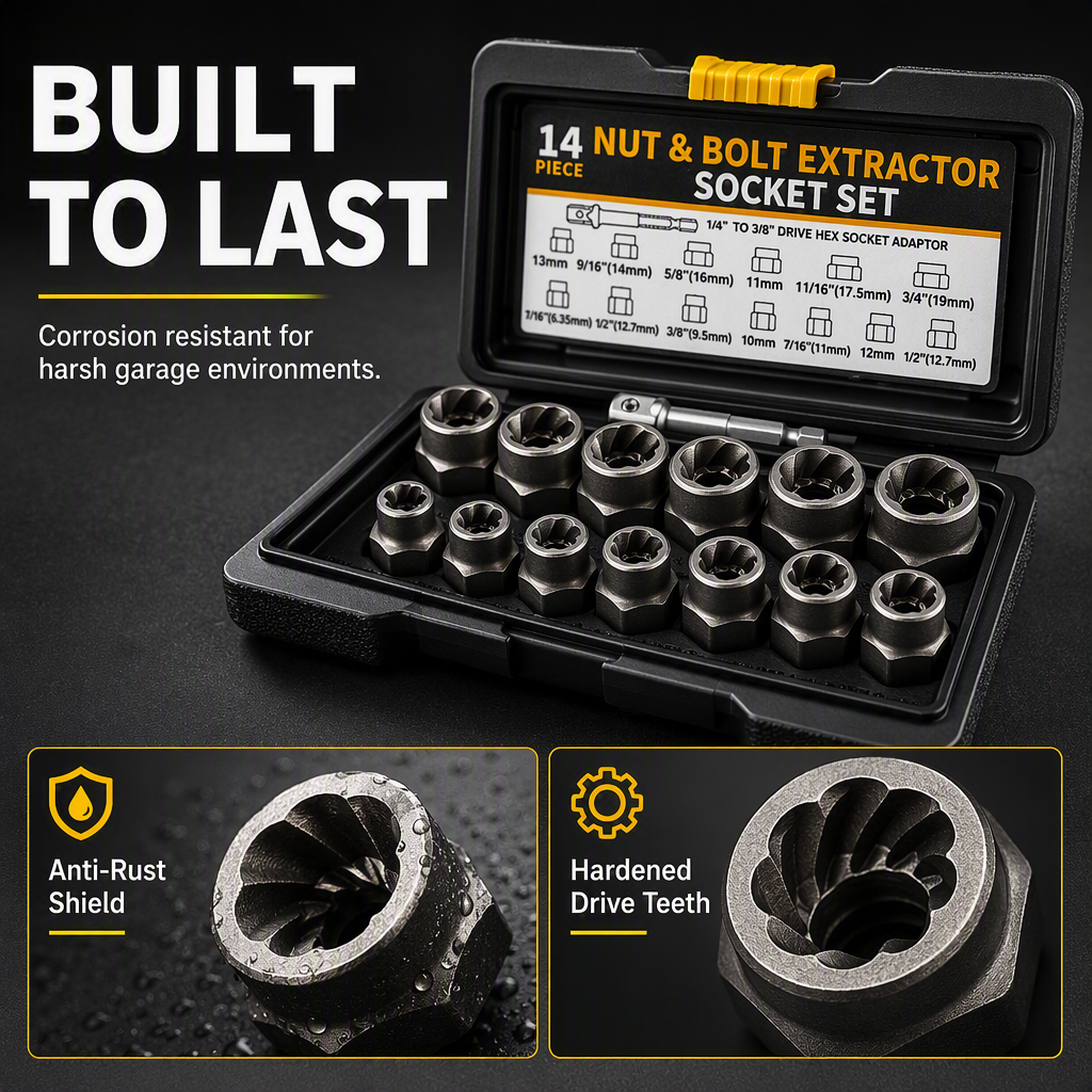 14 Piece Damaged Bolt and Nut Extractor Set Industrial Grade High Hardness High Torque Reverse Thread Screw Remover Kit for Auto Repair