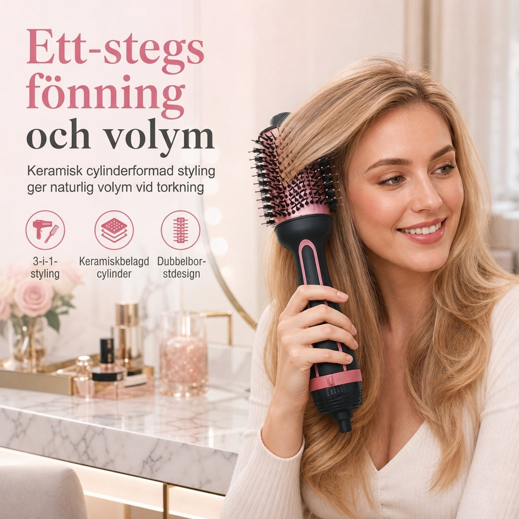 💇‍♀️✨ Multifunktionell varmluftsborste – turmalin-keramik, 3 värmelägen & torkning och volym i ett steg 💨💖