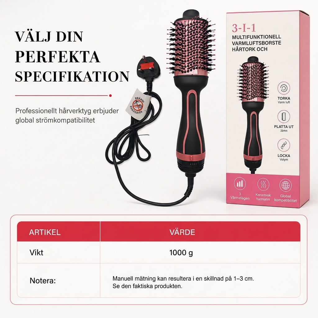 💇‍♀️✨ Multifunktionell varmluftsborste – turmalin-keramik, 3 värmelägen & torkning och volym i ett steg 💨💖