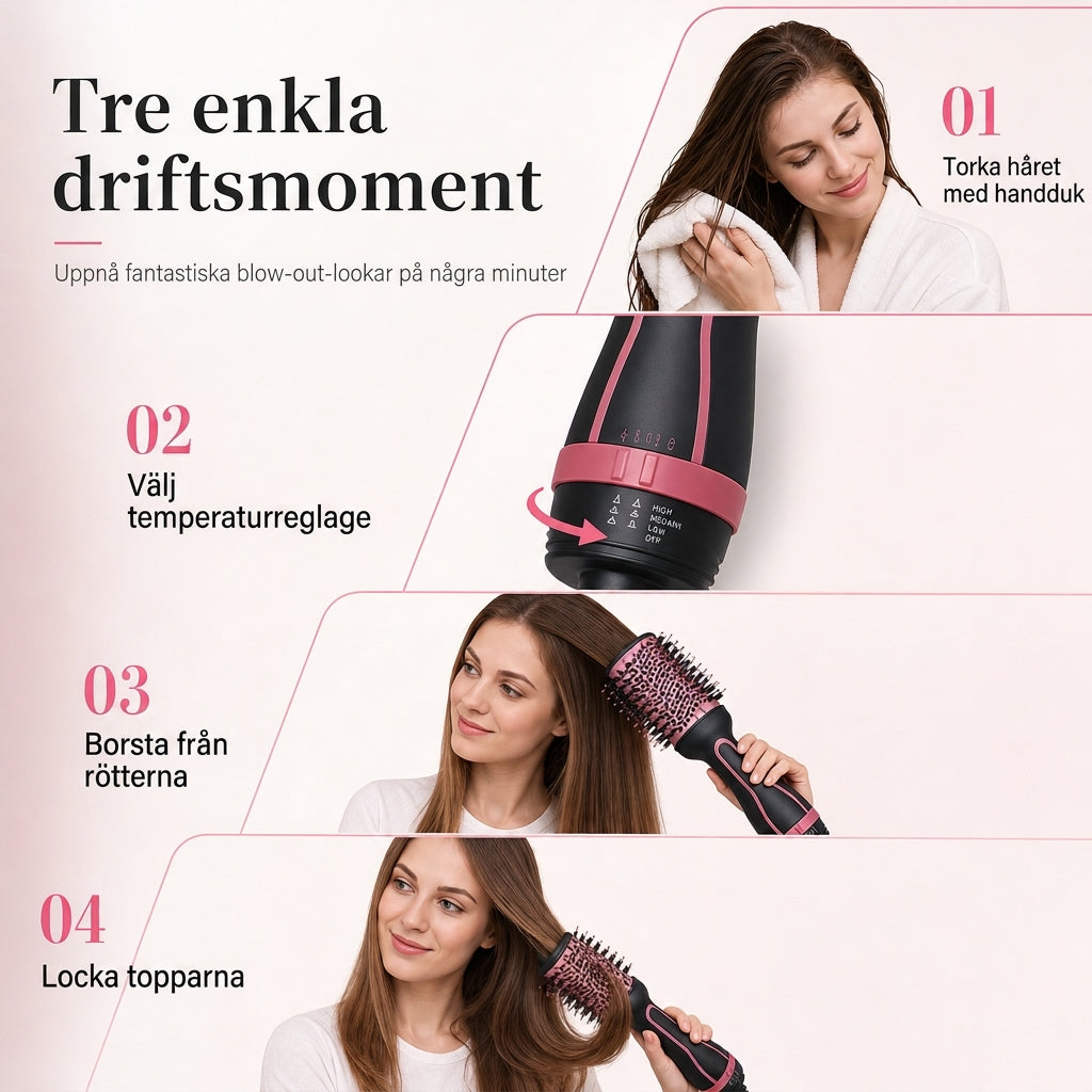 💇‍♀️✨ Multifunktionell varmluftsborste – turmalin-keramik, 3 värmelägen & torkning och volym i ett steg 💨💖
