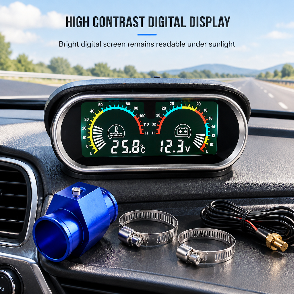 🚗 50% RABATT! ✨ 2-i-1 Digital Vattentemperatur- & Voltmätare (12V/24V) med LCD-Display & 32 mm T-Koppling ⚡
