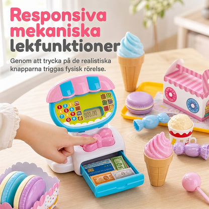 50 % RABATT Pedagogisk leksakskassa för barn, låtsaslek med leksmat, hamburgare och mataffartillbehör