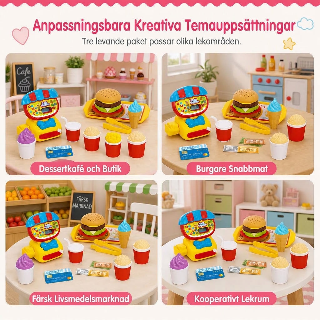 50 % RABATT Pedagogisk leksakskassa för barn, låtsaslek med leksmat, hamburgare och mataffartillbehör