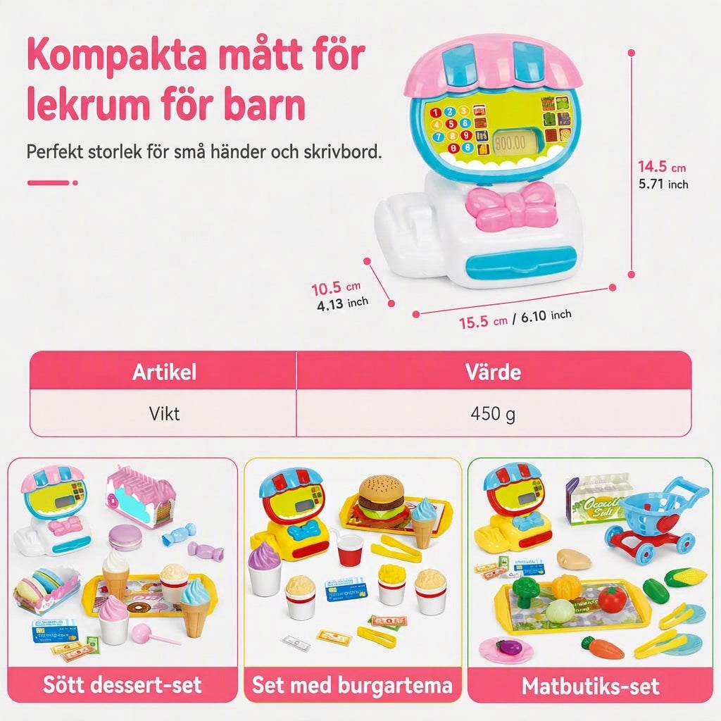 50 % RABATT Pedagogisk leksakskassa för barn, låtsaslek med leksmat, hamburgare och mataffartillbehör