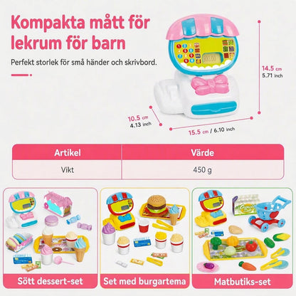 50 % RABATT Pedagogisk leksakskassa för barn, låtsaslek med leksmat, hamburgare och mataffartillbehör