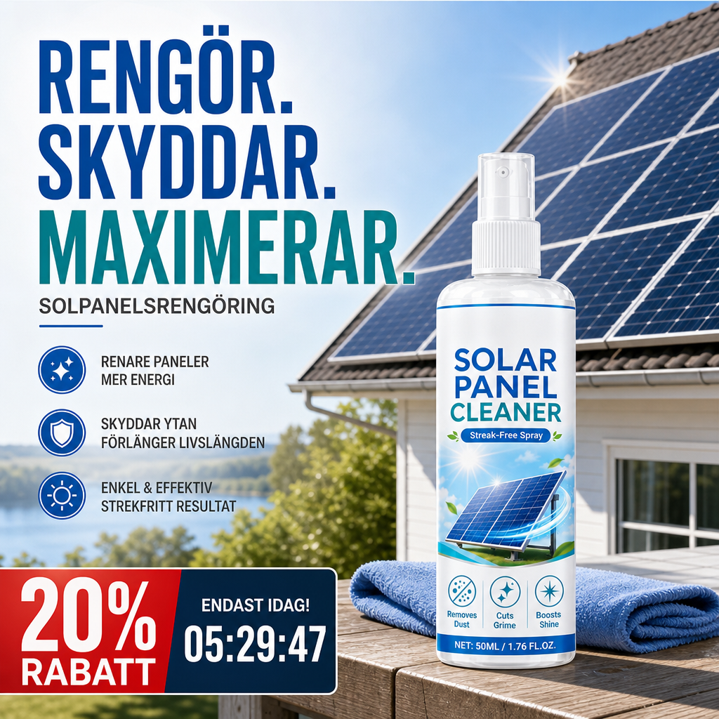 🛒 50 % RABATT NU! ☀️ Rengöringsspray för Solpaneler – Hjälper Till Att Avlägsna Smuts & Hålla Panelerna Rena 💧✨