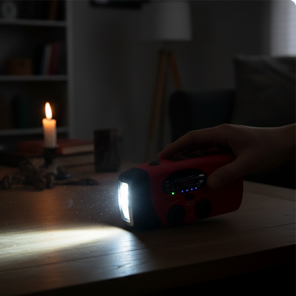 Multifunktionell bärbar solcellsdriven nödradio – powerbank, vev och vädervarning för friluftsliv och krisberedskap