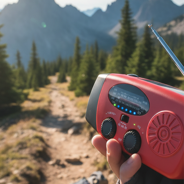 Multifunktionell bärbar solcellsdriven nödradio – powerbank, vev och vädervarning för friluftsliv och krisberedskap